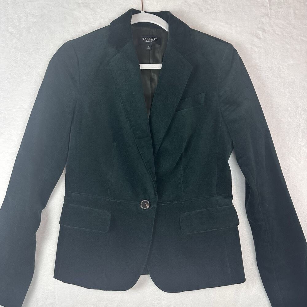 Talbots Women 4 Emerald Green Velvet Blazer Cotton Stretch One Button Holiday